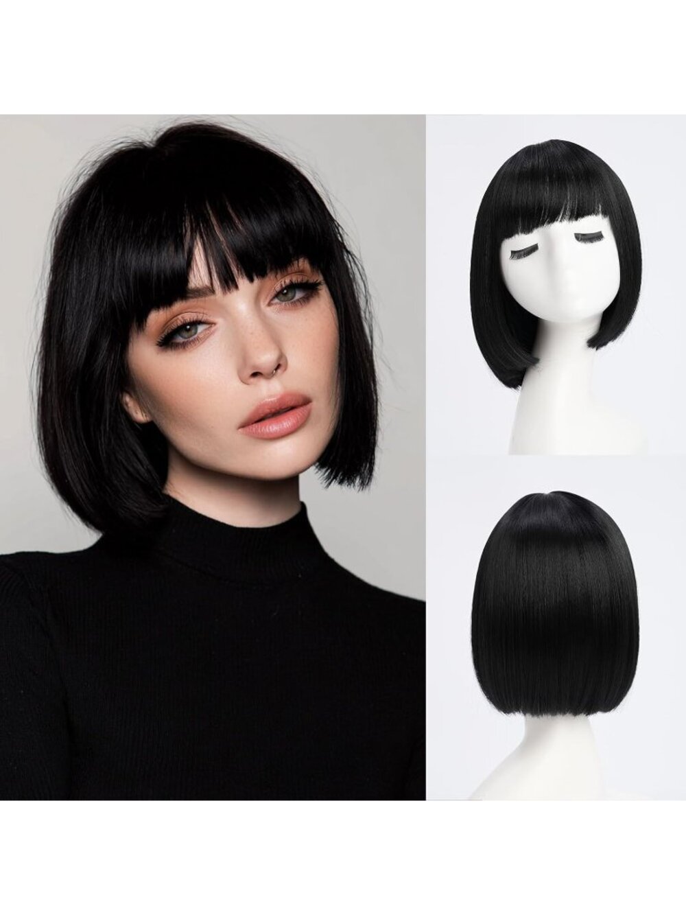 Women Black Blonde Heat Resistant Synthetic Straight Ombre Bob Wig Bangs 10 Inch